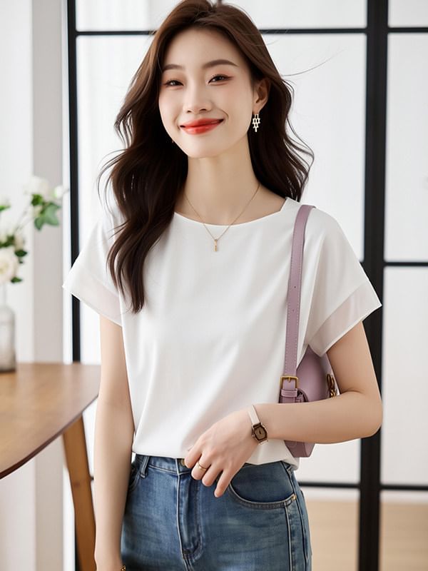 Chiffon Crewneck Short Sleeve Blouse