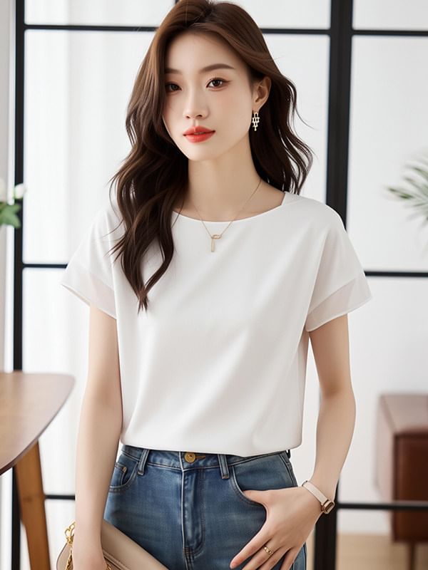 Chiffon Crewneck Short Sleeve Blouse