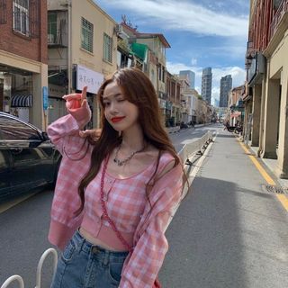 Camisole Plaid Top Cardigan /