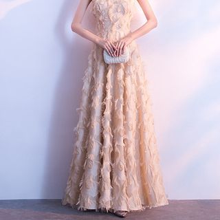 A-Line Gown Trim Fringed Evening Short-Sleeve