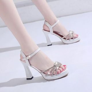 Platform Chunky-Heel Sandals Rhinestone