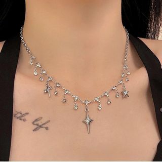 Rhinestone Fringed Choker Star Alloy