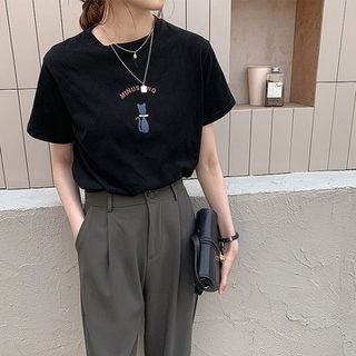 T-Shirt Short-Sleeve Print Crew Cat Neck