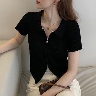 Knit Zip Top Short-Sleeve Plain Polo