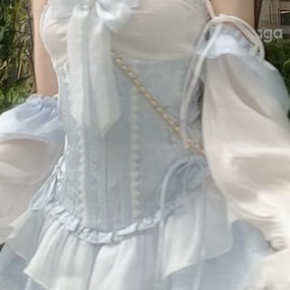 Belt A-Line Two Trim Dress Lace-Up Tone Puff-Sleeve Patterned Lace Mini / Corset Off-Shoulder