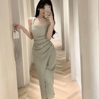 Sleeveless Sheath Midi Square Ruched Plain Neck Dress