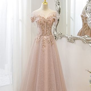 Gown Mesh Shoulder Short-Sleeve Off Sequin Evening A-Line