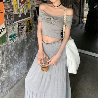 Rise Plain Shoulder Twist / Off Ruched Midi Top Skirt A-Line