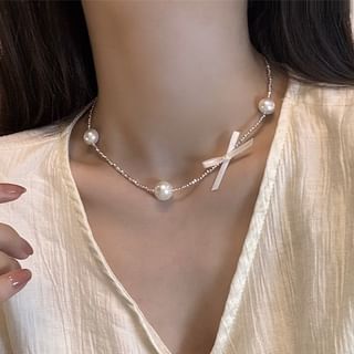 Pearl Faux Ribbon Choker Alloy