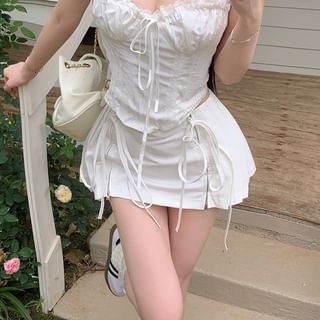 Top Pleated Panel Mini Plain Tie Ruched A-Line Rise / Front Cami Skirt High