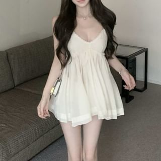Sundress Lace Mini Plain Trim V-Neck Spaghetti Strap