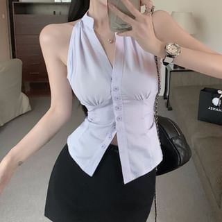 V-Neck Pencil High Rise Striped Skirt Sleeveless Shirt Mini Button-Up /