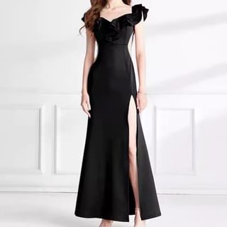 Side-Slit Evening Ruffle Plain Gown Mermaid Short-Sleeve