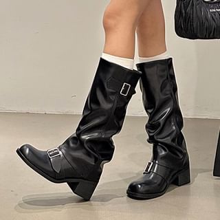 Chunky Faux Boots Heel Plain Tall Buckled Leather