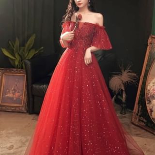 Gown A-Line Evening Sequin Short-Sleeve