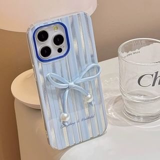 / Adhesive Case Faux Striped Set Decoration Bow Phone Pearl