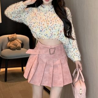 Dotted Neck Mini Pleated Washed High Mock Rise Skirt A-Line / Sweater Cropped