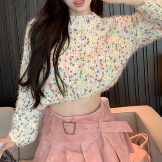 Dotted Neck Mini Pleated Washed High Mock Rise Skirt A-Line / Sweater Cropped