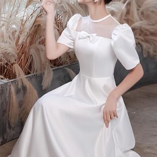 Neck Gown Short Sleeve Bowknot Square Plain Wedding A-Line