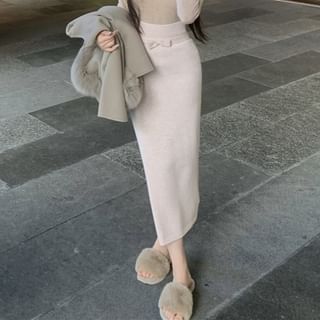 Plain Pencil High V-Neck Bow Top Skirt / Sleeve Long Rise Knit Maxi