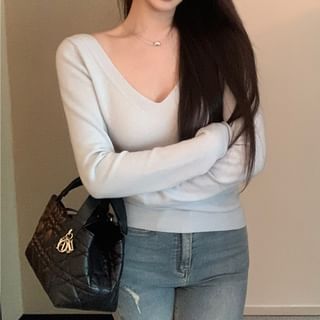 Plain Pencil High V-Neck Bow Top Skirt / Sleeve Long Rise Knit Maxi