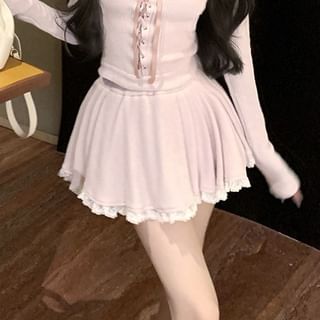 Rise Hooded Skirt Mini Trim Plain / Neck Lace Long-Sleeve Scoop Mid A-Line Top