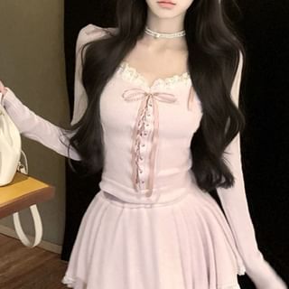 Rise Hooded Skirt Mini Trim Plain / Neck Lace Long-Sleeve Scoop Mid A-Line Top