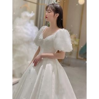 A-Line Plain Puff-Sleeve Evening Faux Gown Pearl