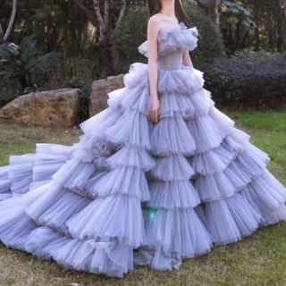 Tiered Ball A-Line Plain Gown Ruffle Sequin Strapless