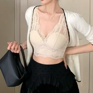 Cami Crop Plain Cardigan Sleeve Mid Lace / V-Neck Shorts Top Rise 3/4