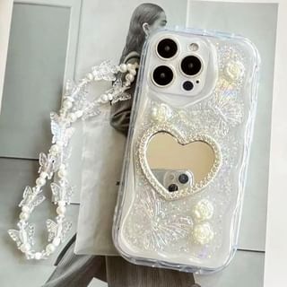 Mirrored Strap Pearl Heart Case Phone Faux / Set