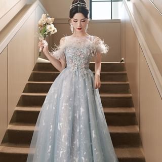 Flower Embroidered A-Line Evening Butterfly Print Gown Cold-Shoulder