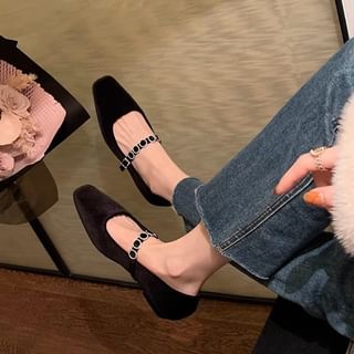 Pumps Heel Mary Rhinestone Low Velvet Jane Accent