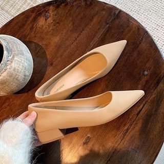 Pointed Pumps Faux Plain Leather Chunky Toe Heel