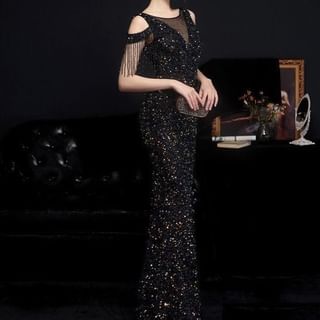 Mermaid Mesh Sequin Boatneck Gown Short-Sleeve Evening