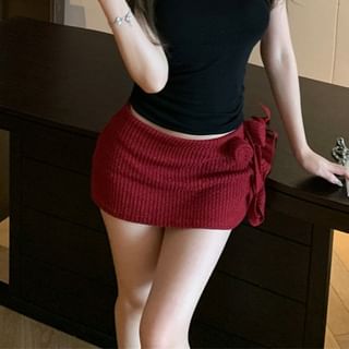 Plain / Flower Mini Pencil Low Skirt Top Mock Neck Detail Waist Halter