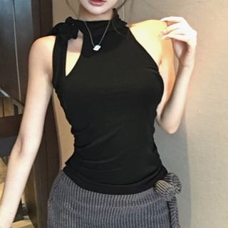 Plain / Flower Mini Pencil Low Skirt Top Mock Neck Detail Waist Halter