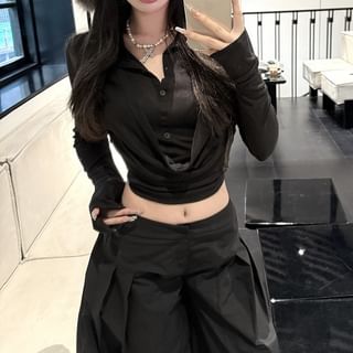 Leg / Collar Long-Sleeve Wide Inverted Plain Pleated Pants Low Rise Cropped Tee