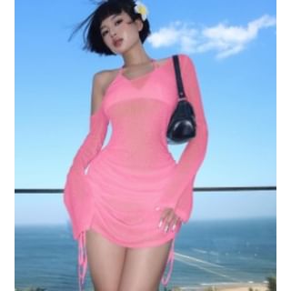 Tee One-Shoulder Sheer Drawstring Long-Sleeve Plain