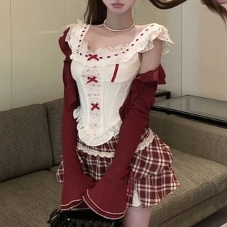 Panel Sleeveless Bow Print / Waist Plaid Ruffle Striped Mini High A-Line Cardigan Skirt Top Floral