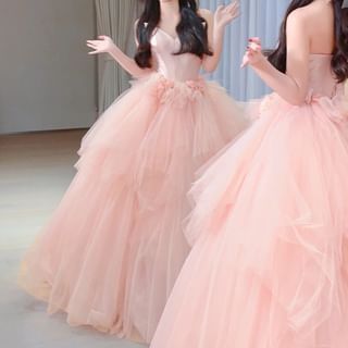 Strapless Gown Ball Mesh Floral