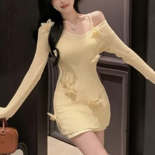 Slip Knit Mini Sheath Flower V Accent Dress Long-Sleeve Neck /