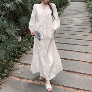 Embroidered Shorts V-Neck A-Line Blouse / Maxi Rise Set Plain Camisole High Top Flower Skirt Puff-Sleeve