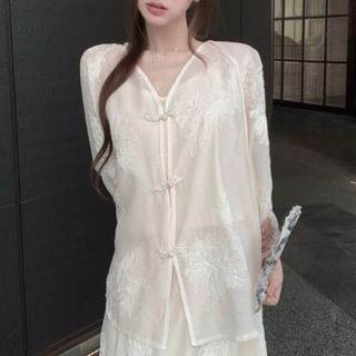 Embroidered Shorts V-Neck A-Line Blouse / Maxi Rise Set Plain Camisole High Top Flower Skirt Puff-Sleeve