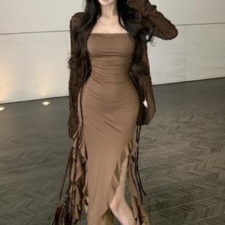 Ruffle Sleeve Trim Dress Butterfly V-Neck / Strapless Print Tie Long Front Top Bodycon Midi Plain