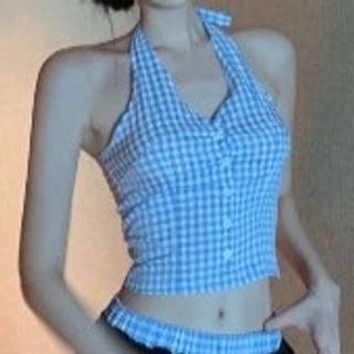 Pants Leg Waist V-Neck / Top Low Button-Up Halter Wide Crop Gingham