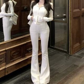 / Flared High Zip Crop Hoodie Plain Sweatpants Waist