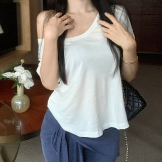 Skirt Overlay Yoga Shoulder / Plain Short-Sleeve T-Shirt Pants Off High Crop Waist