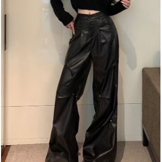 Wide Rise Neck Leg Pants Faux Plain Leather Crop High / Long-Sleeve Top Round