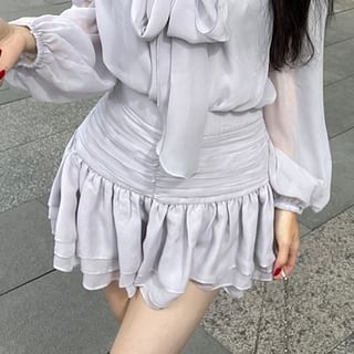 / A-Line Plain Mini Tie-Neck Blouse Set Cami Skirt Puff-Sleeve Rise High Top